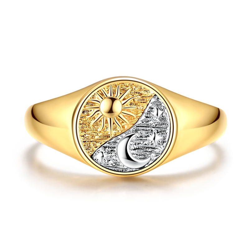 Elegant Golden-Silvery Sun Moon Starburst Open Ring